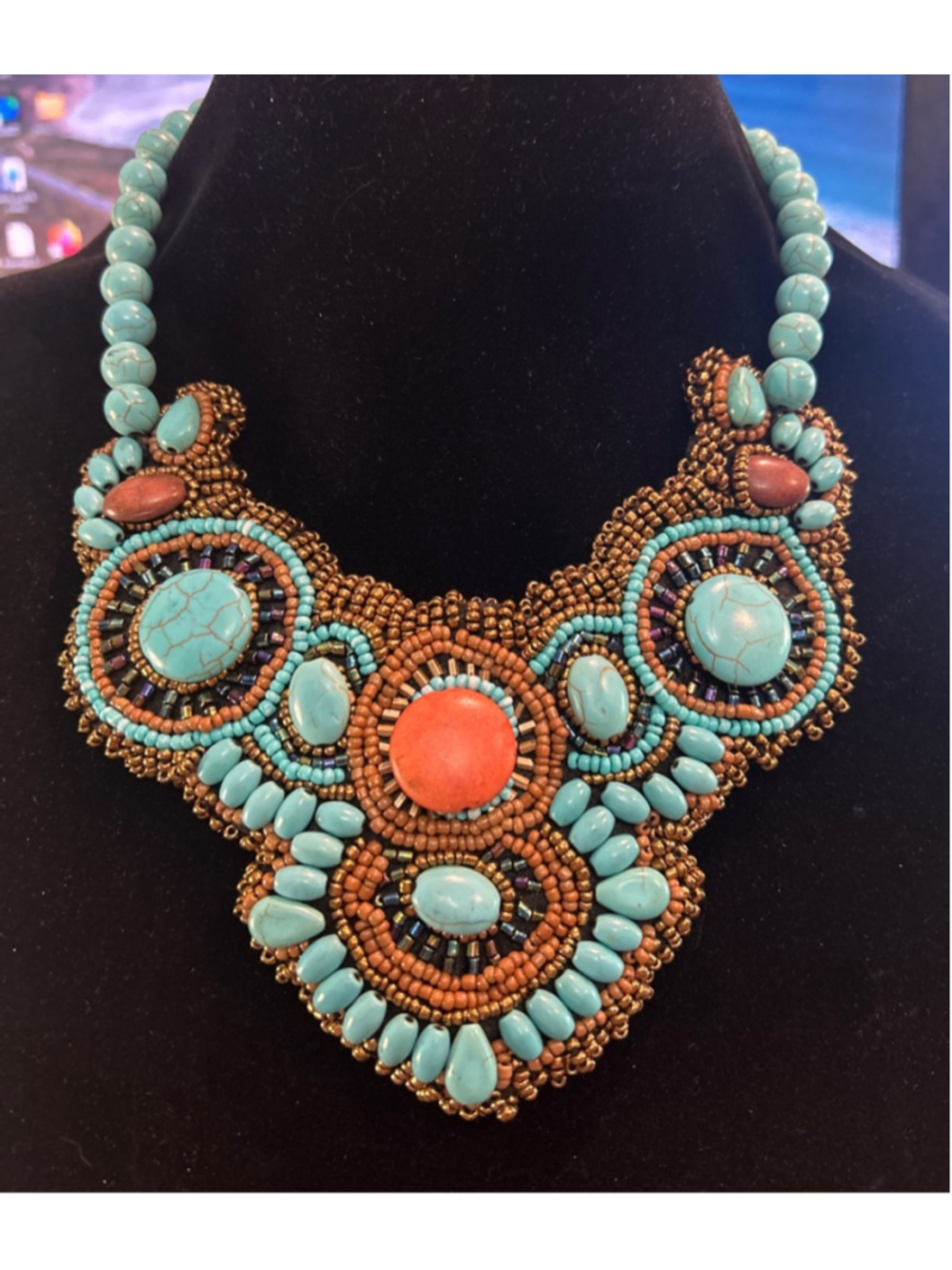 Women's Turquoise & Orange color Beaded Statement Necklace, choker &3” extension